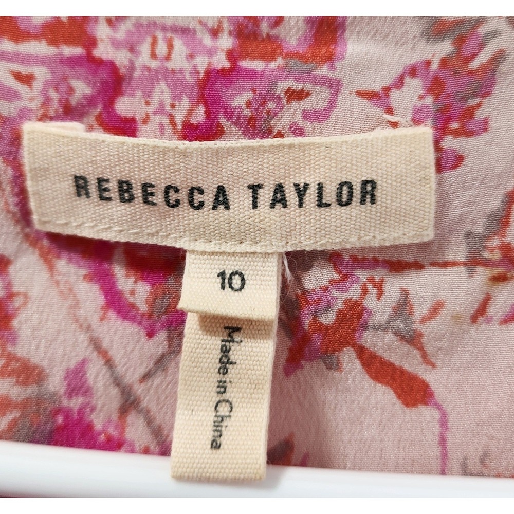 Rebecca Taylor Pink Floral Silk Sleeveless Blouse Boho Tie Neck Top Size 10 - Picture 4 of 5